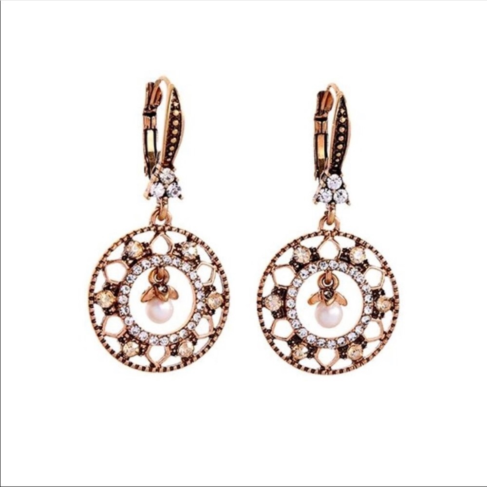 Boho Vintage Antique Gold Pearl CZ Earrings